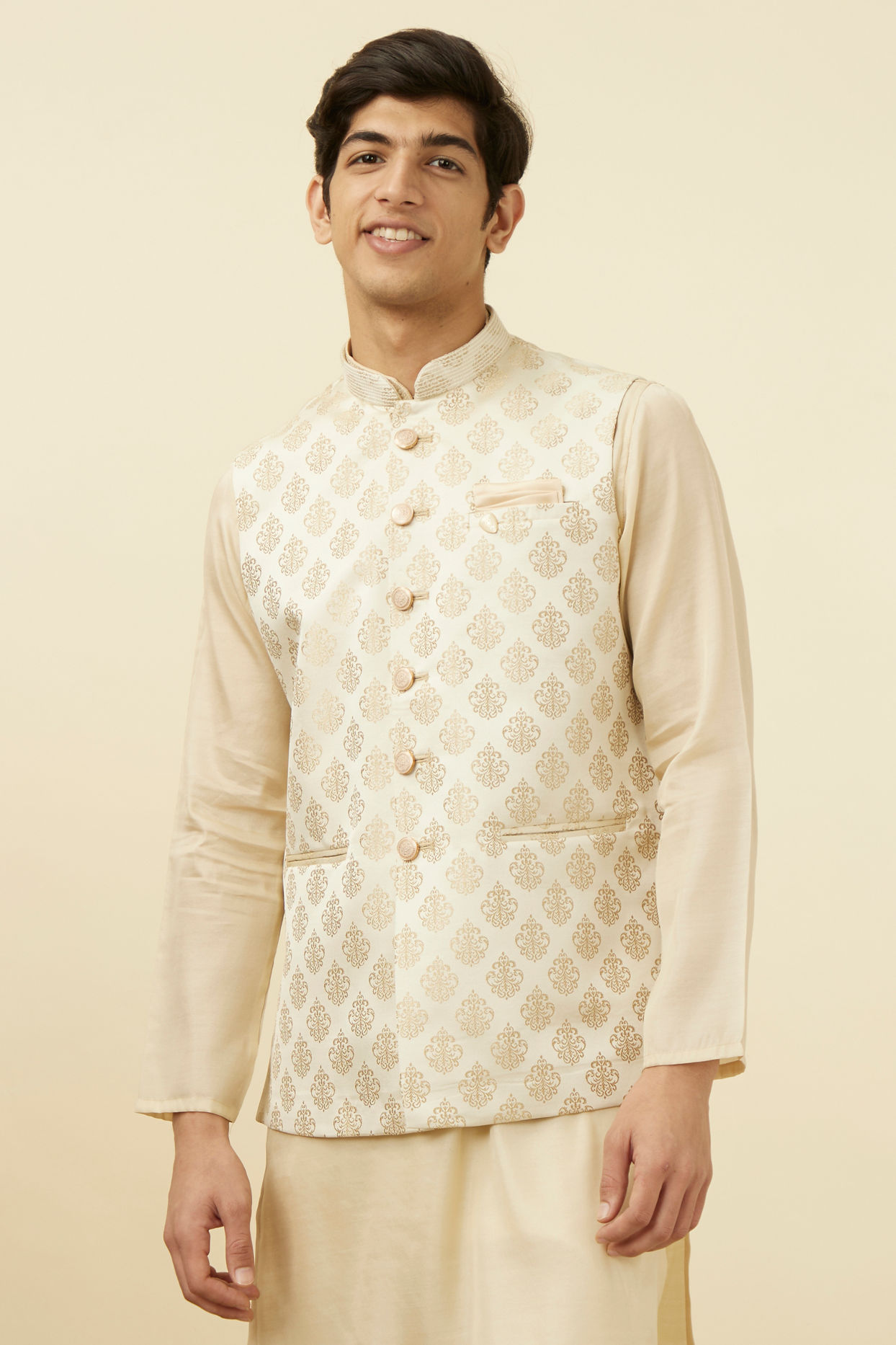 Manyavar Men Cream Jacket With Golden Motifs