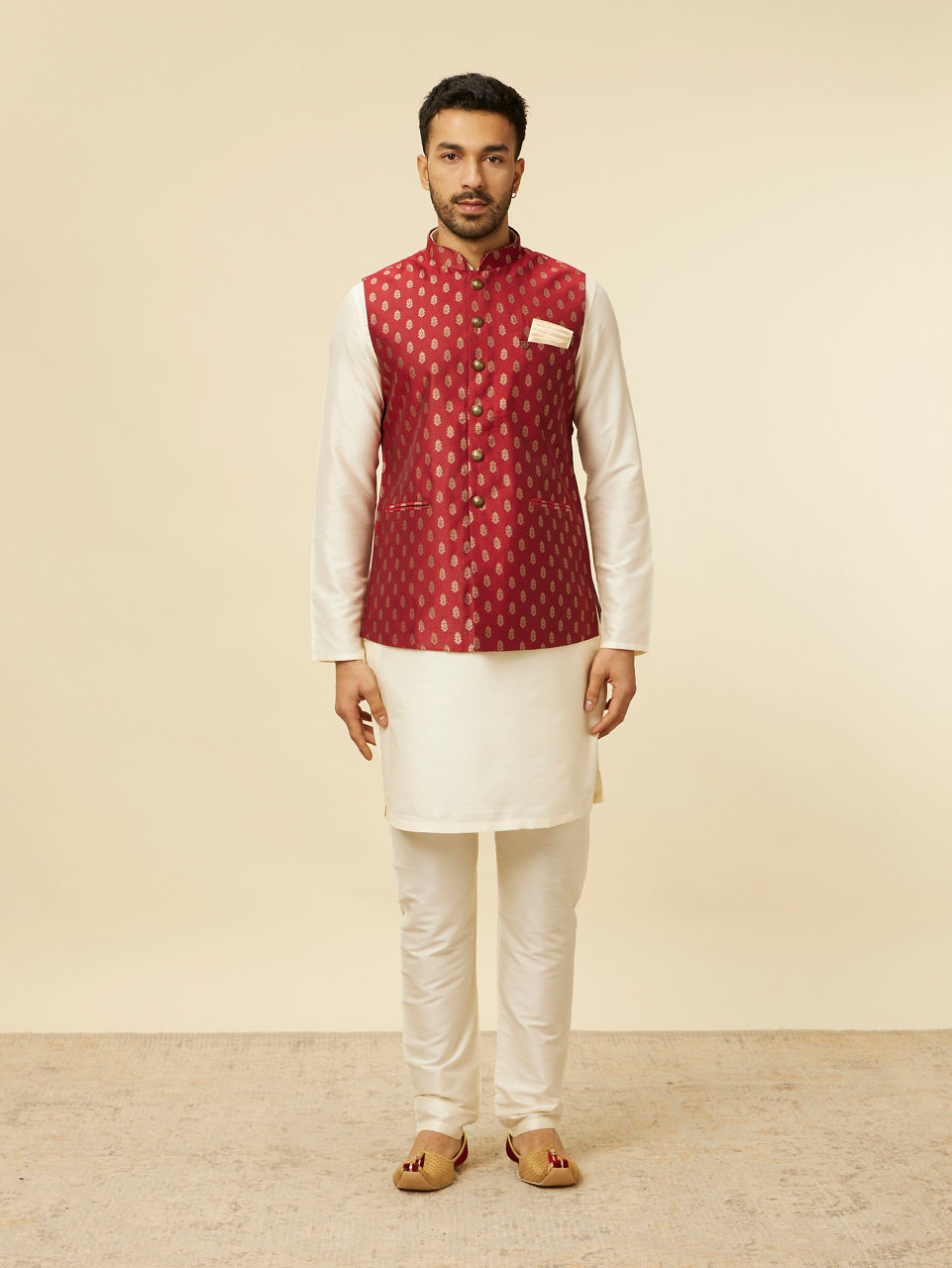 Manyavar Men Brick Red Jacket with Buta Motifs