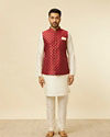Manyavar Men Brick Red Jacket with Buta Motifs