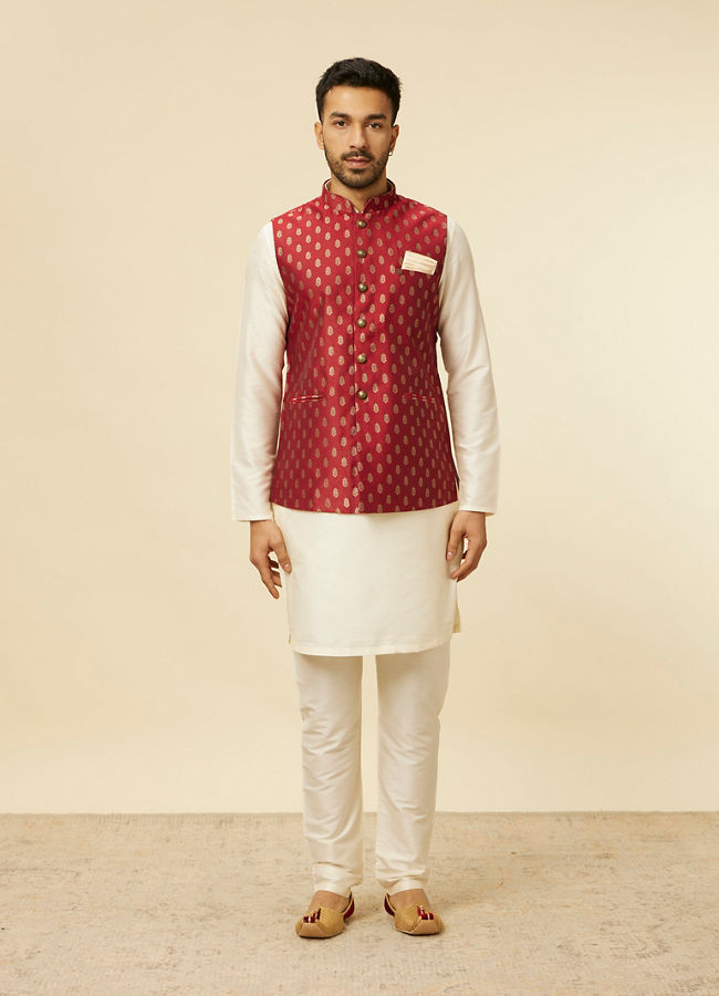 Manyavar Men Brick Red Jacket with Buta Motifs