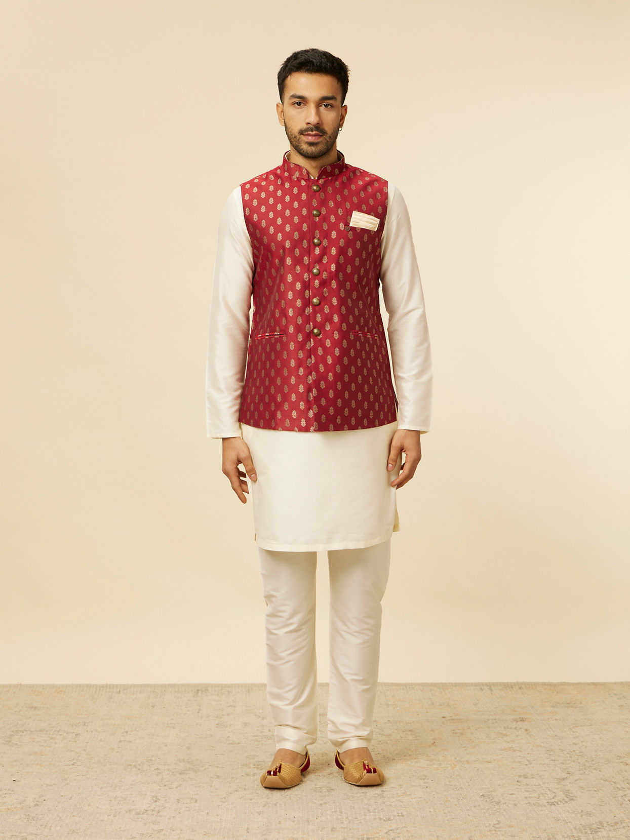 alt message - Manyavar Men Brick Red Jacket with Buta Motifs image number 2