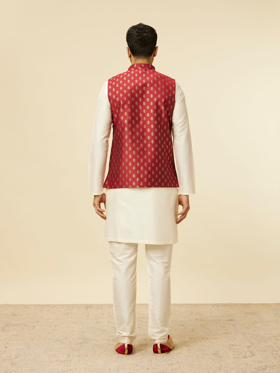 Manyavar Men Brick Red Jacket with Buta Motifs