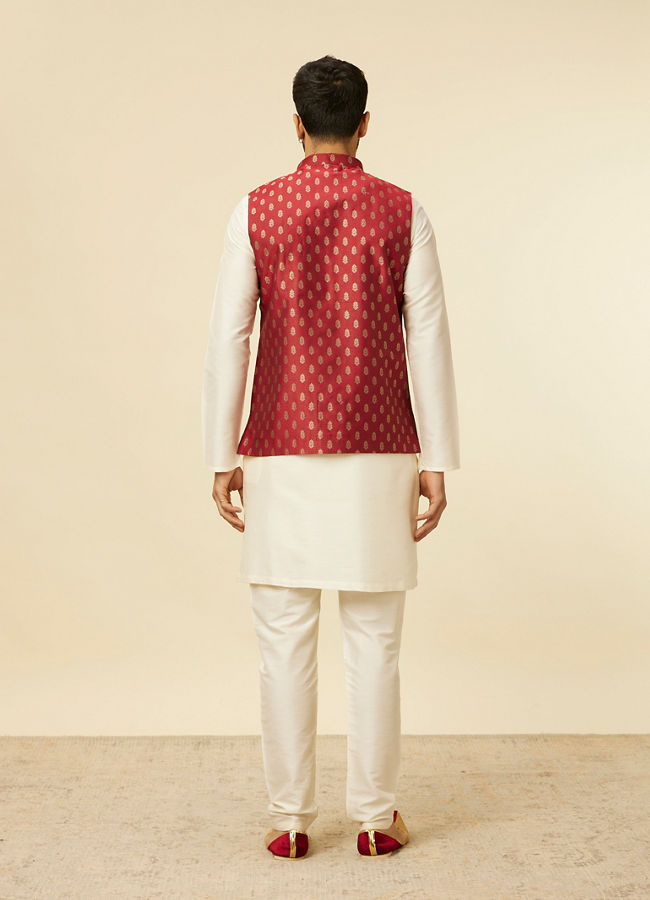 Manyavar Men Brick Red Jacket with Buta Motifs