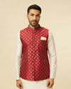 alt message - Manyavar Men Brick Red Jacket with Buta Motifs image number 0