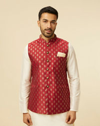 Manyavar Men Brick Red Jacket with Buta Motifs