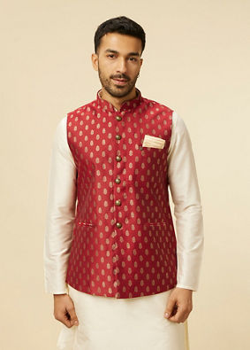 Manyavar Men Brick Red Jacket with Buta Motifs