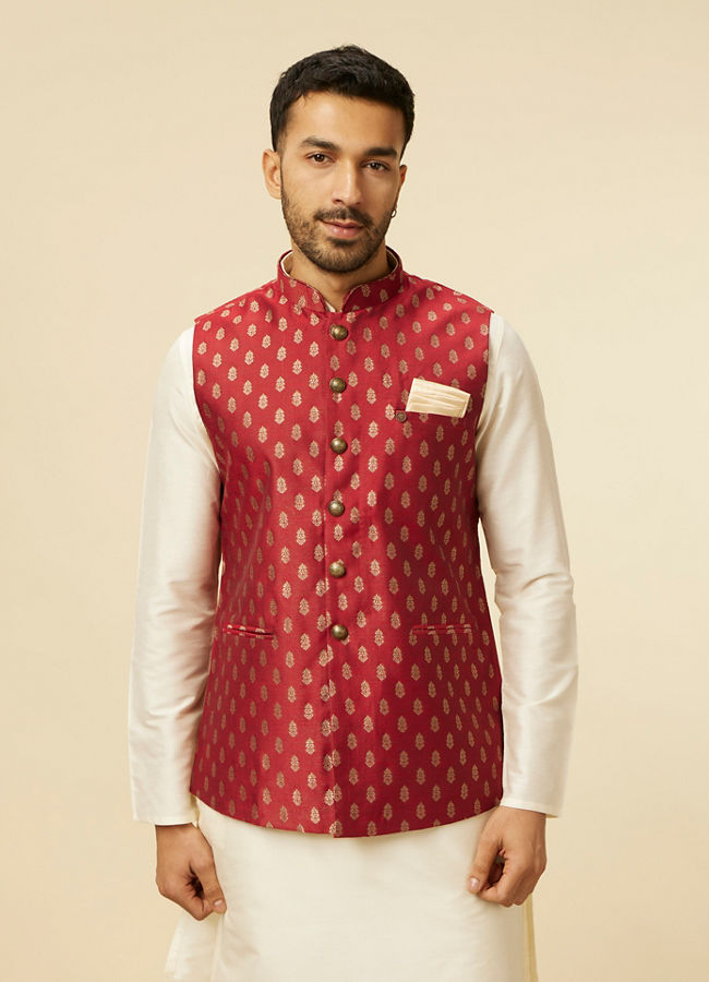 alt message - Manyavar Men Brick Red Jacket with Buta Motifs image number 0