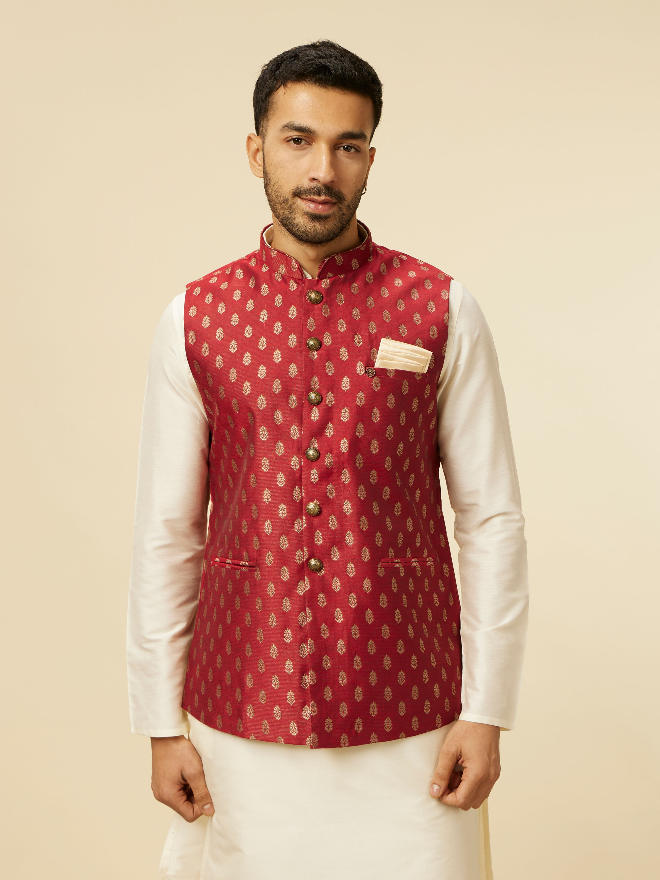 Manyavar Men Brick Red Jacket with Buta Motifs