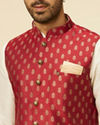 alt message - Manyavar Men Brick Red Jacket with Buta Motifs image number 1