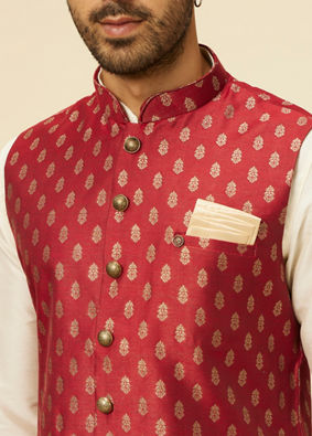 alt message - Manyavar Men Brick Red Jacket with Buta Motifs image number 1
