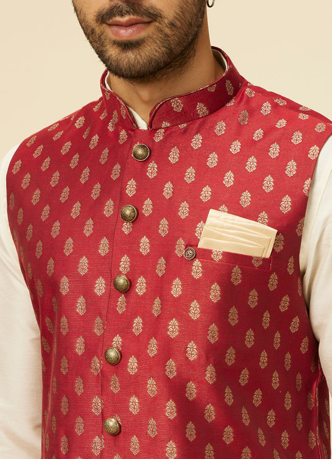 Manyavar Men Brick Red Jacket with Buta Motifs