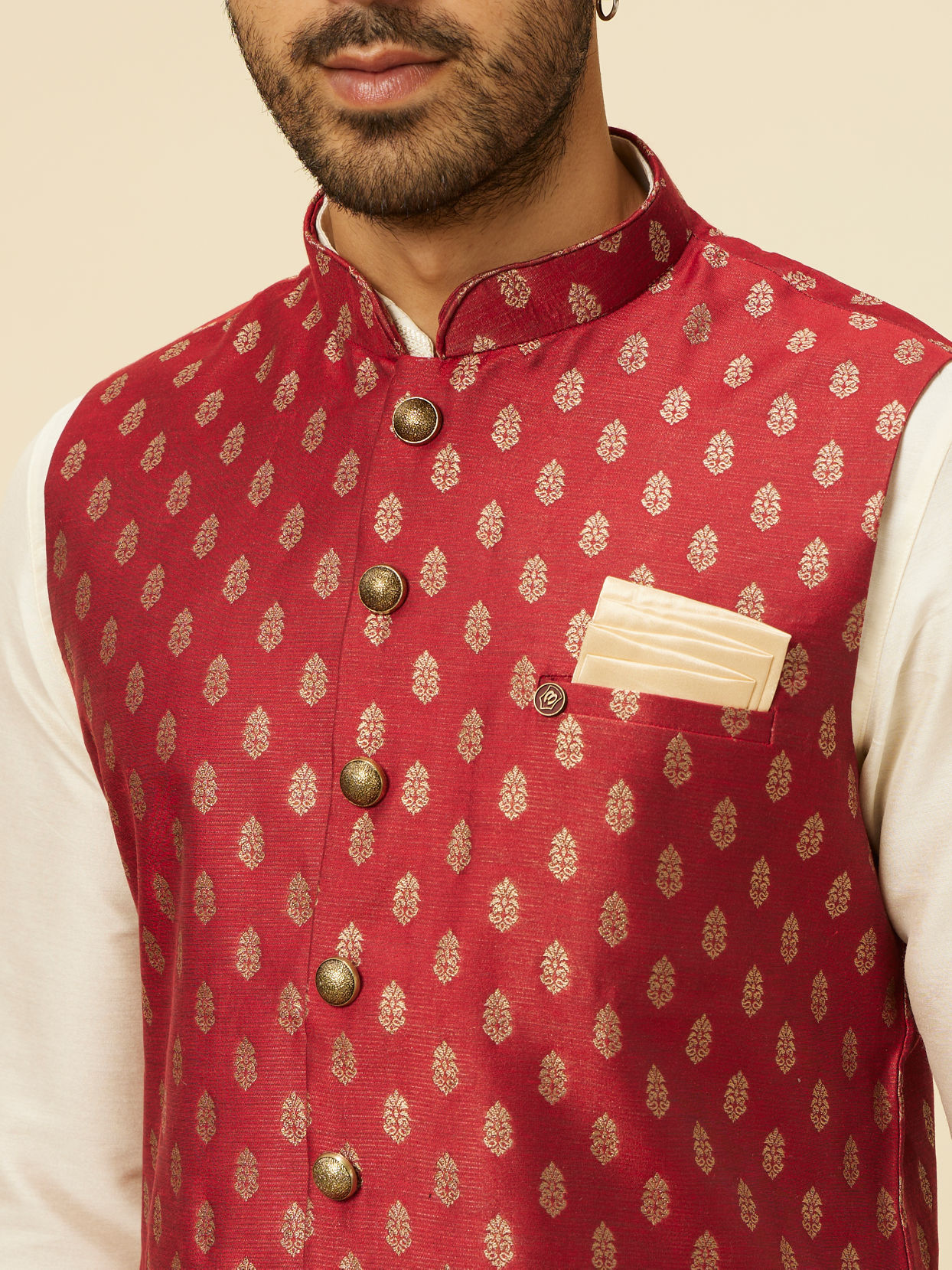 alt message - Manyavar Men Brick Red Jacket with Buta Motifs image number 1