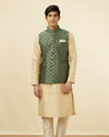 alt message - Manyavar Men Bottle Green Jacket With Golden Motifs image number 2