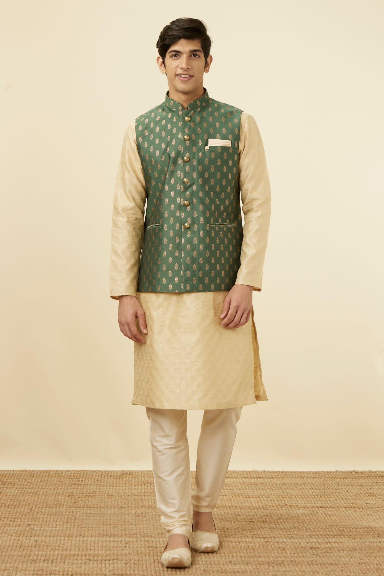 alt message - Manyavar Men Bottle Green Jacket With Golden Motifs image number 2