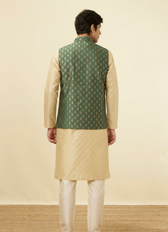 alt message - Manyavar Men Bottle Green Jacket With Golden Motifs image number 3