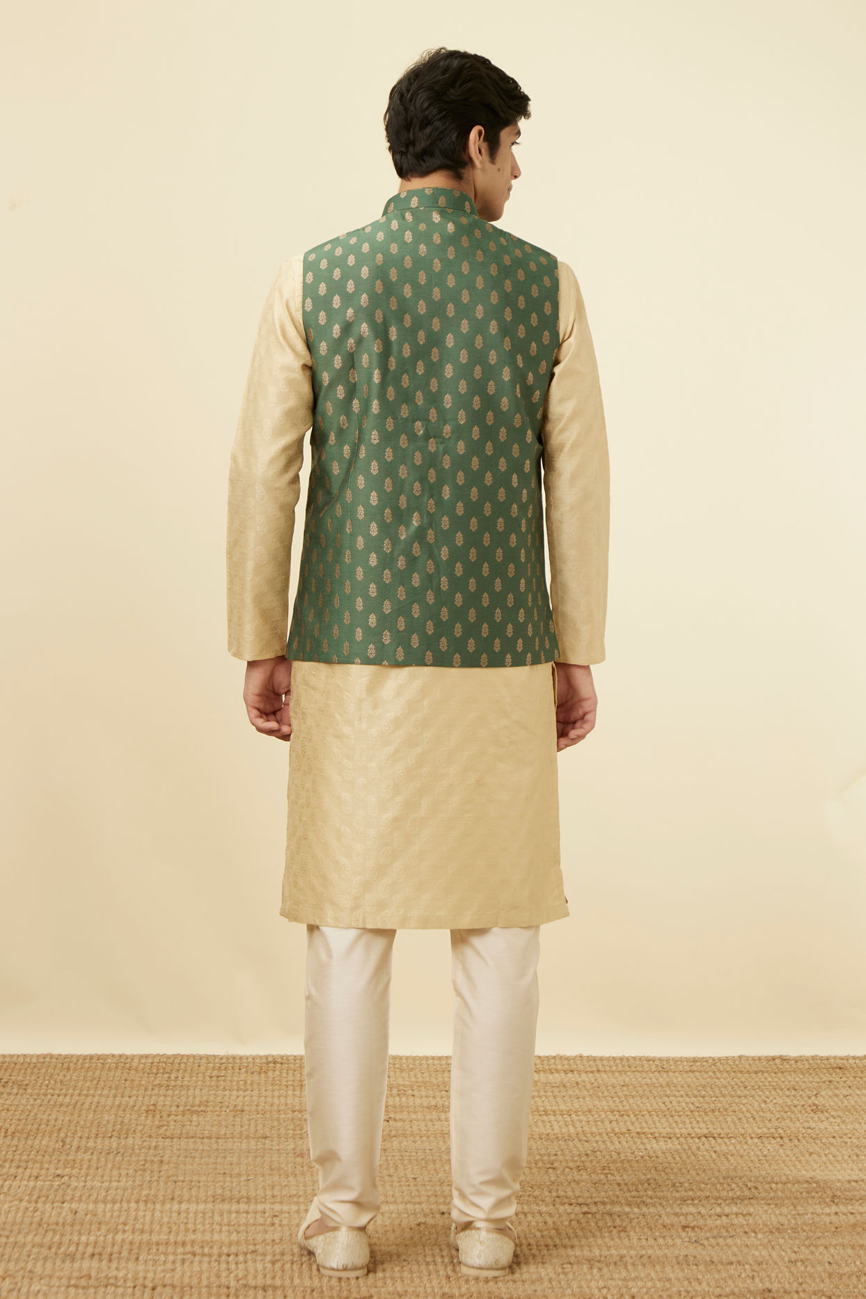 alt message - Manyavar Men Bottle Green Jacket With Golden Motifs image number 3