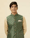 alt message - Manyavar Men Bottle Green Jacket With Golden Motifs image number 0