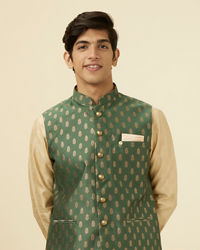 Manyavar Men Bottle Green Jacket With Golden Motifs