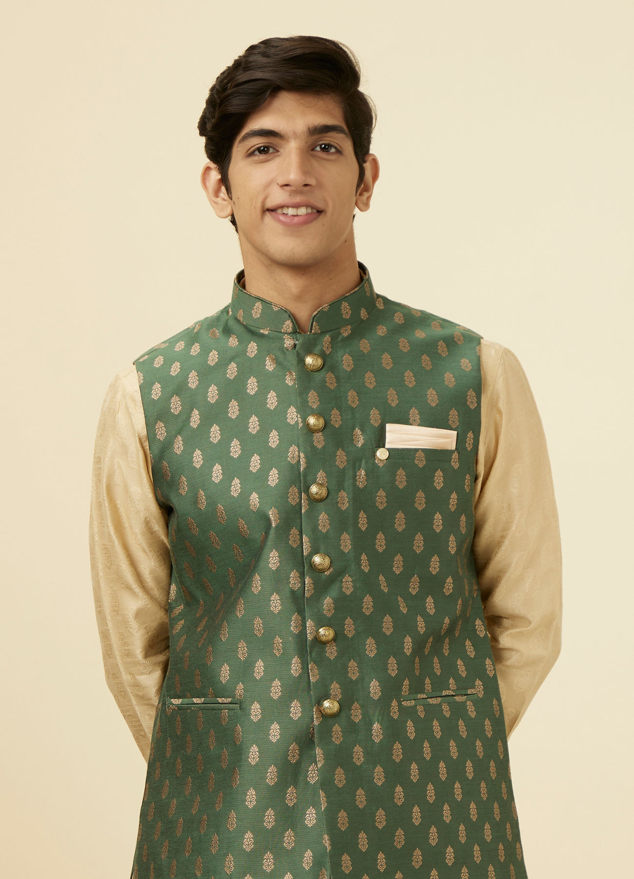 Manyavar Men Bottle Green Jacket With Golden Motifs