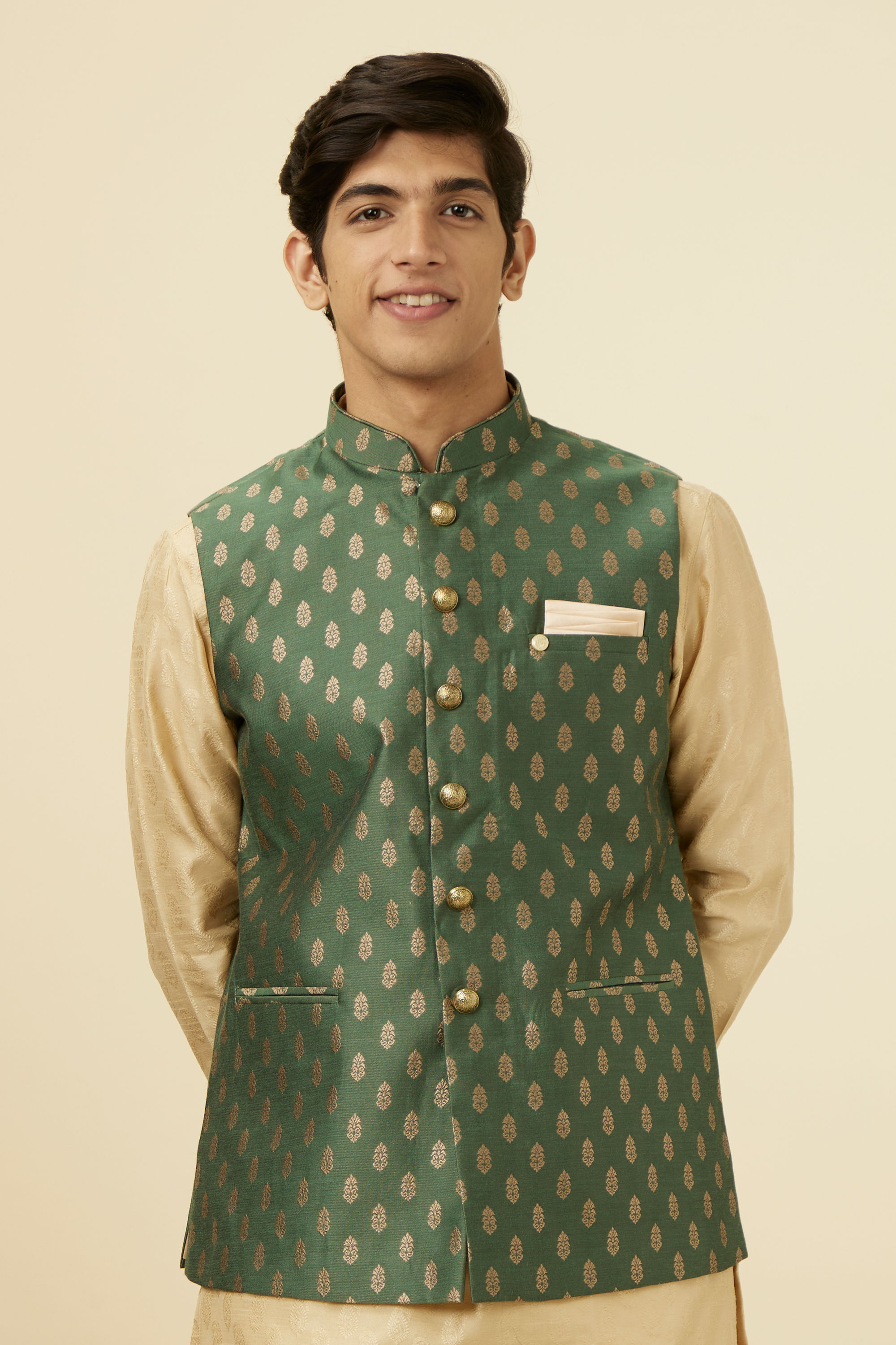 Manyavar Men Bottle Green Jacket With Golden Motifs