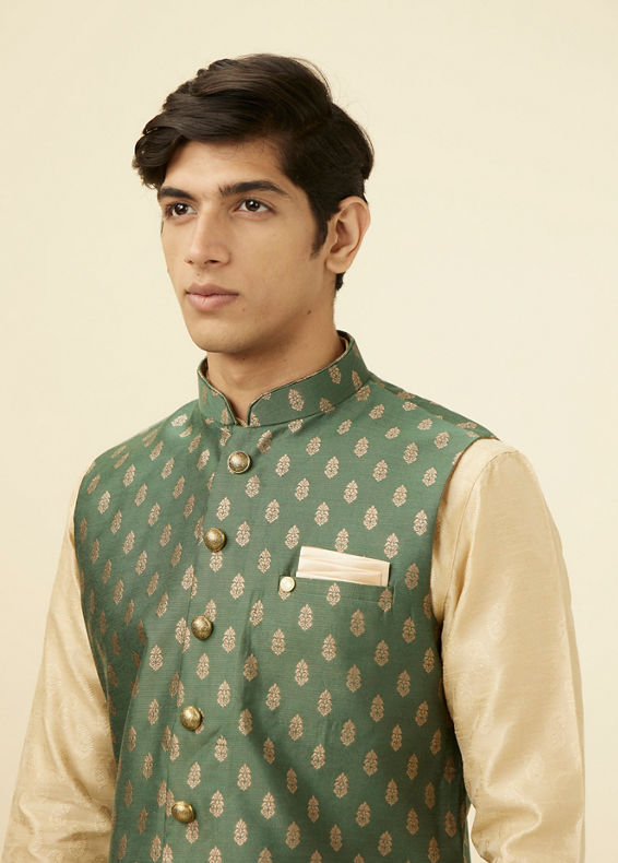 Manyavar Men Bottle Green Jacket With Golden Motifs