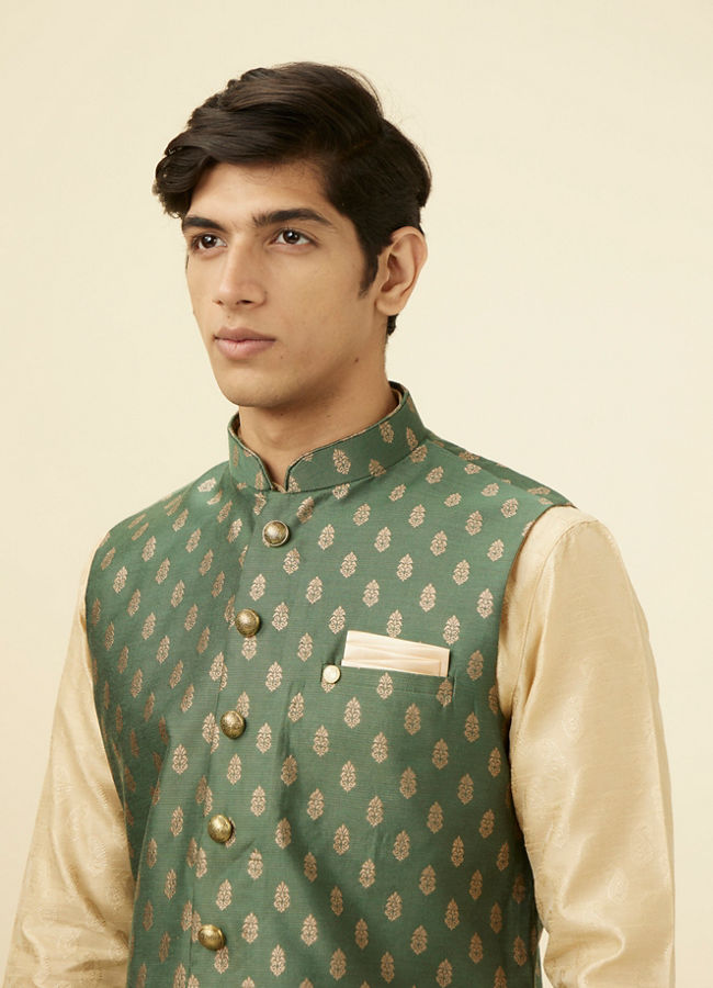 alt message - Manyavar Men Bottle Green Jacket With Golden Motifs image number 1