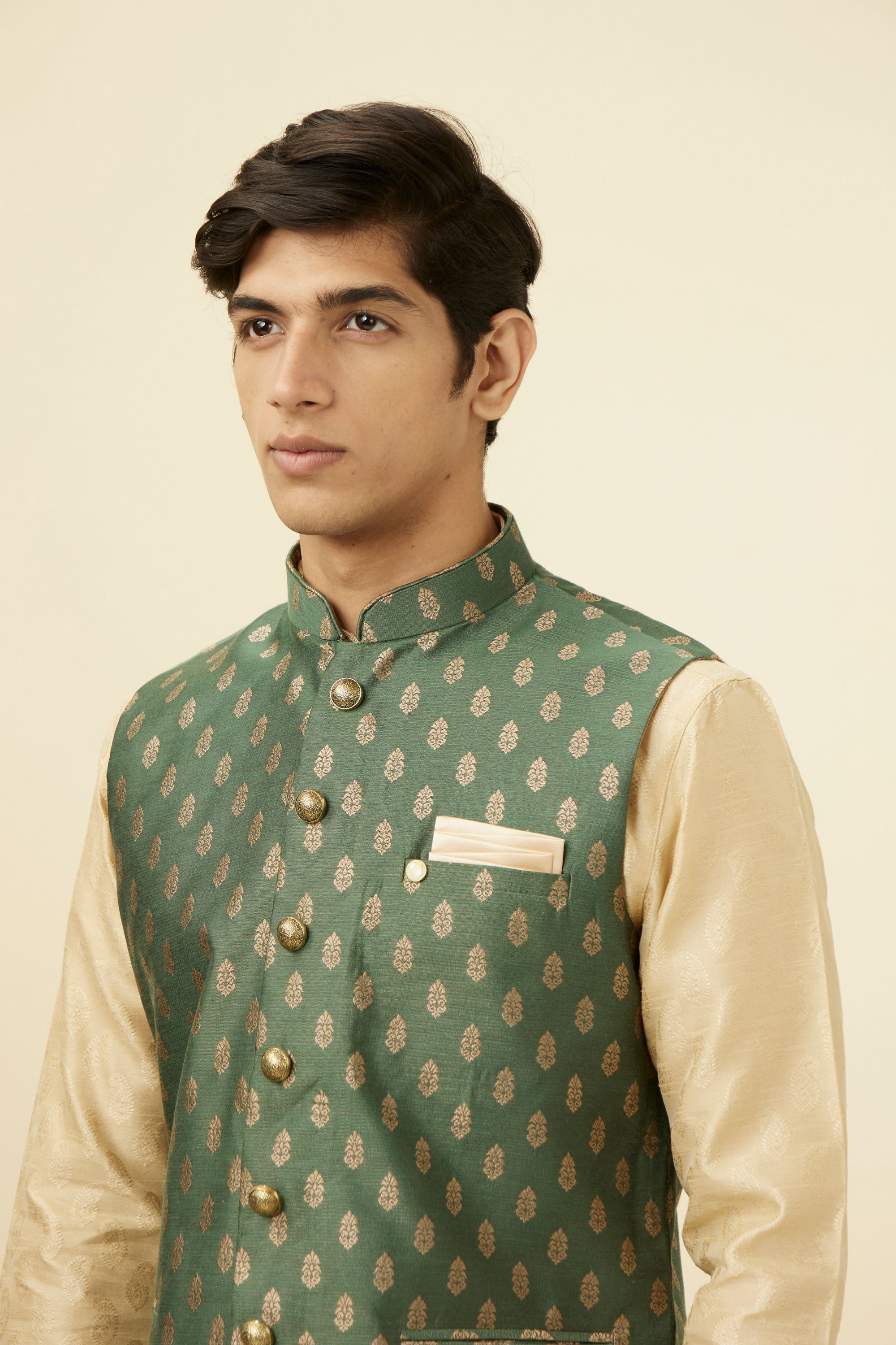 Manyavar Men Bottle Green Jacket With Golden Motifs