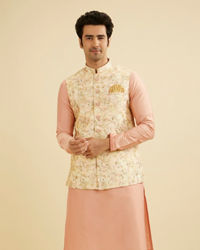 Manyavar Men Light Peach Floral Printed Nehru Jacket