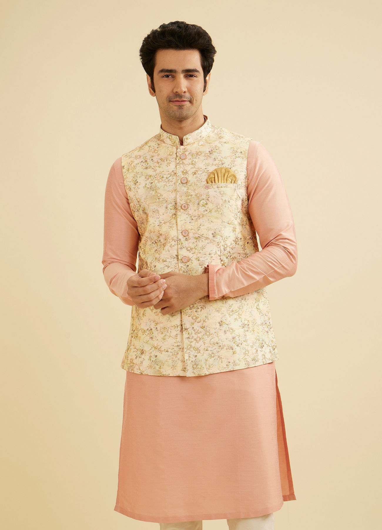 Manyavar Men Light Peach Floral Printed Nehru Jacket