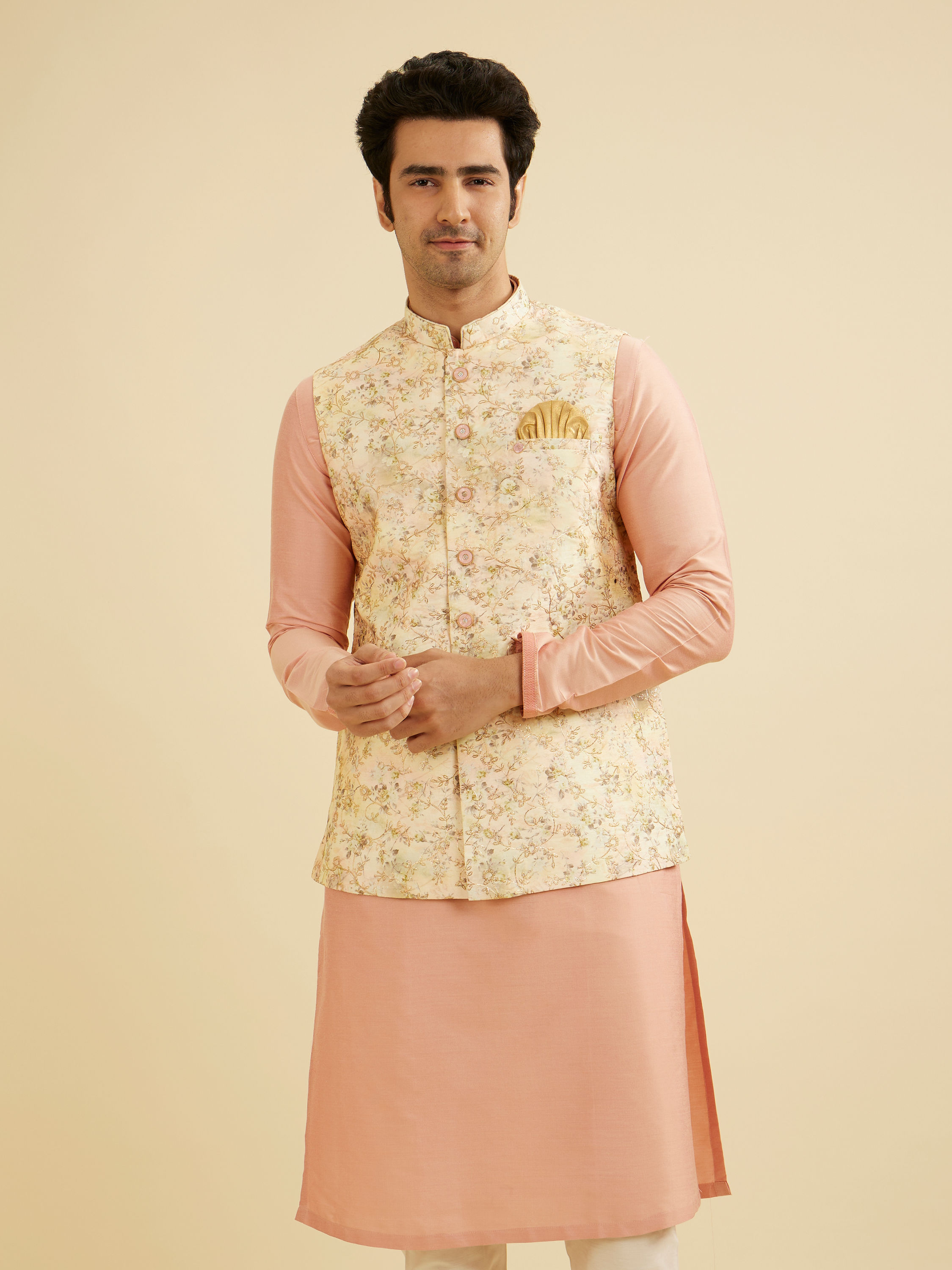 Manyavar Men Light Peach Floral Printed Nehru Jacket