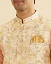 Manyavar Men Light Peach Floral Printed Nehru Jacket