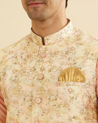 Manyavar Men Light Peach Floral Printed Nehru Jacket