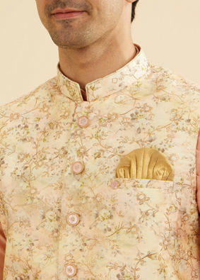 Manyavar Men Light Peach Floral Printed Nehru Jacket image number 1