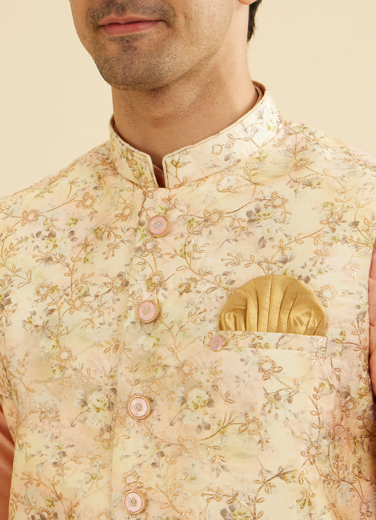 Manyavar Men Light Peach Floral Printed Nehru Jacket