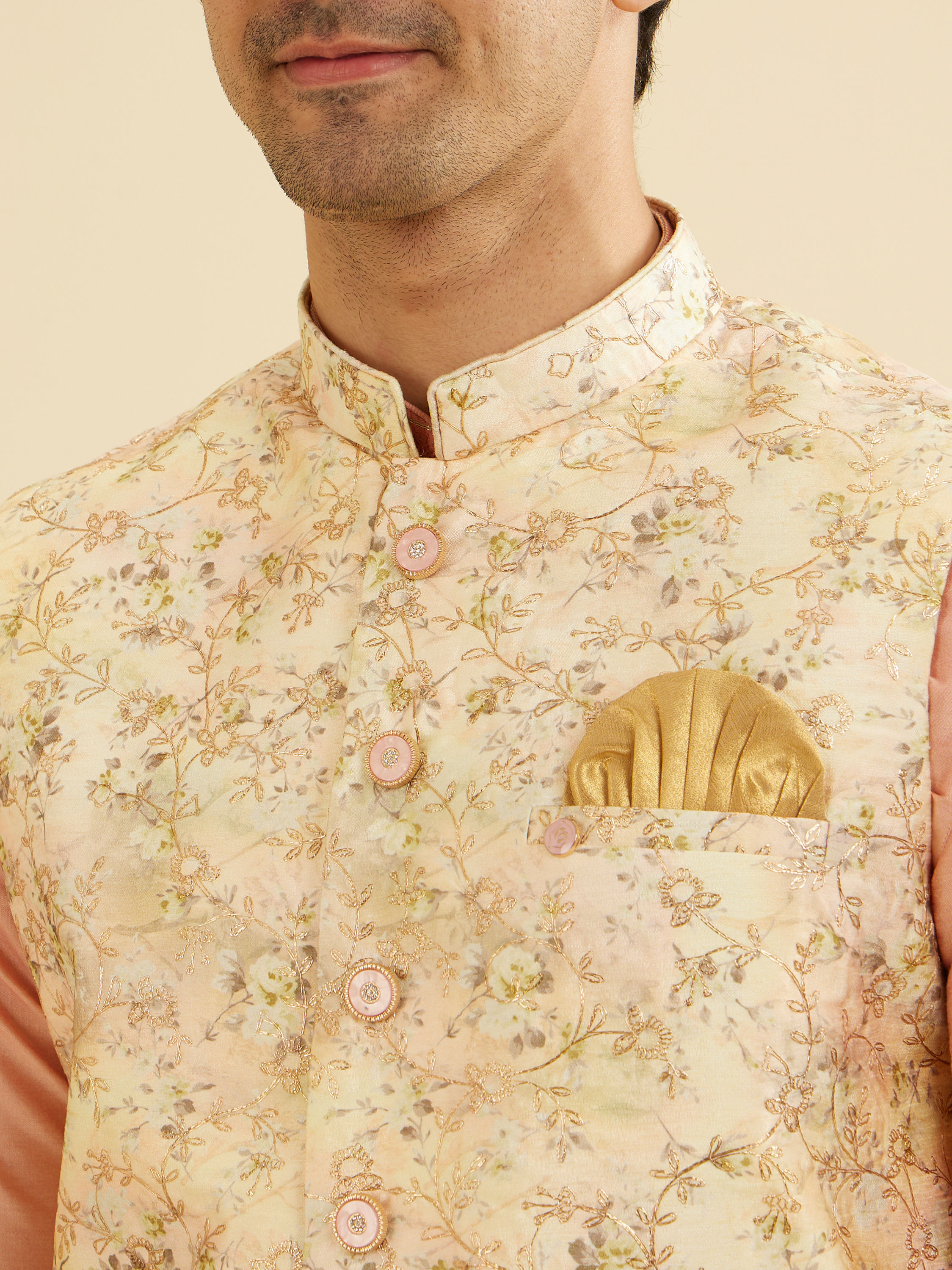 Manyavar Men Light Peach Floral Printed Nehru Jacket