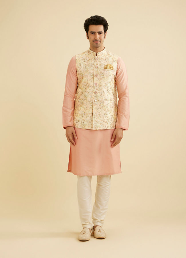 Manyavar Men Light Peach Floral Printed Nehru Jacket