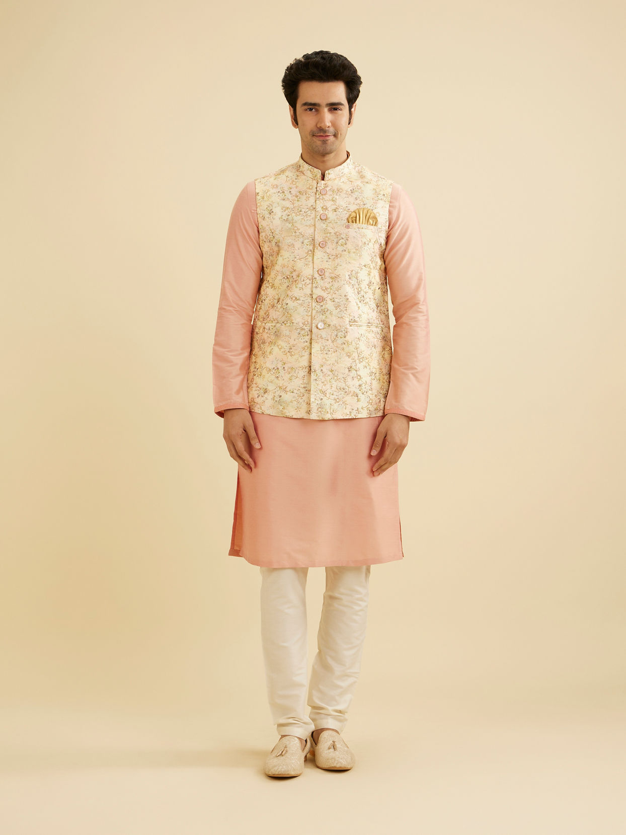 Manyavar Men Light Peach Floral Printed Nehru Jacket