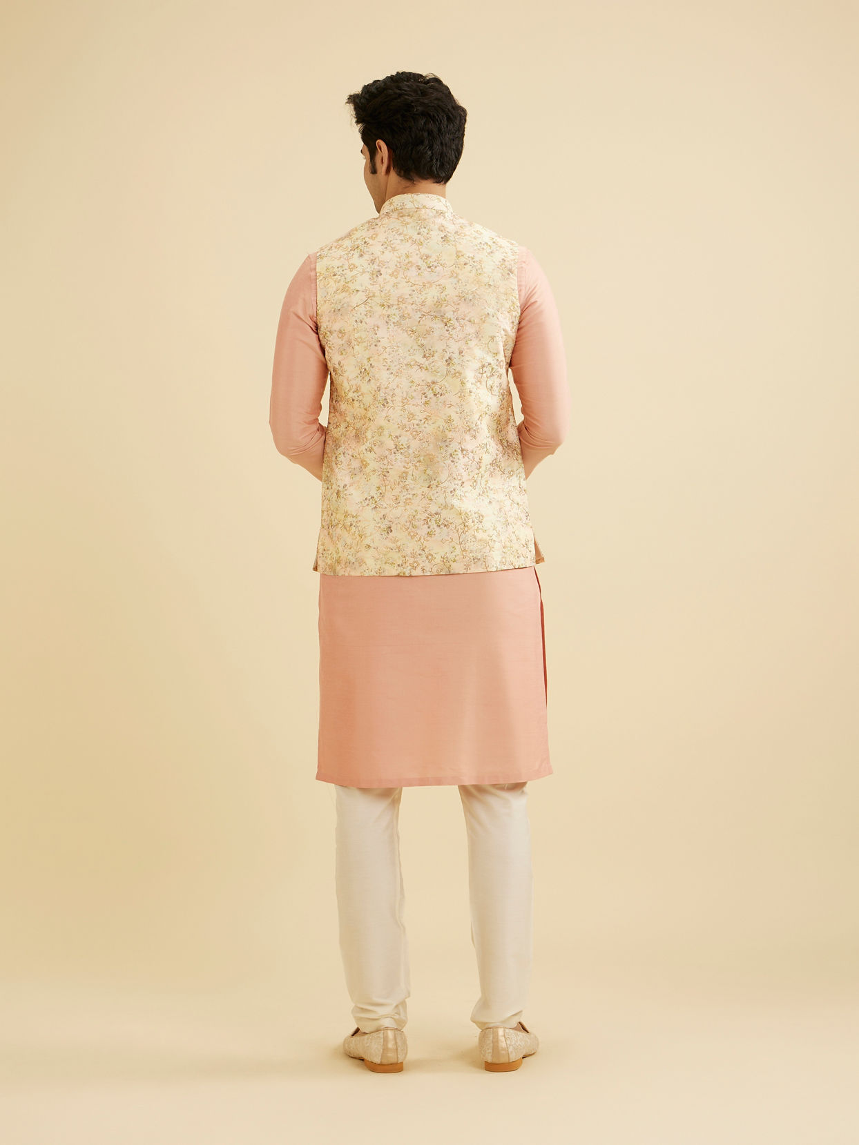 Manyavar Men Light Peach Floral Printed Nehru Jacket
