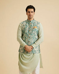 Manyavar Men Emblazon Teal Green Nehru Jacket