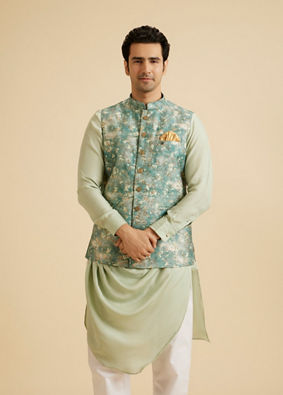 Manyavar Men Emblazon Teal Green Nehru Jacket