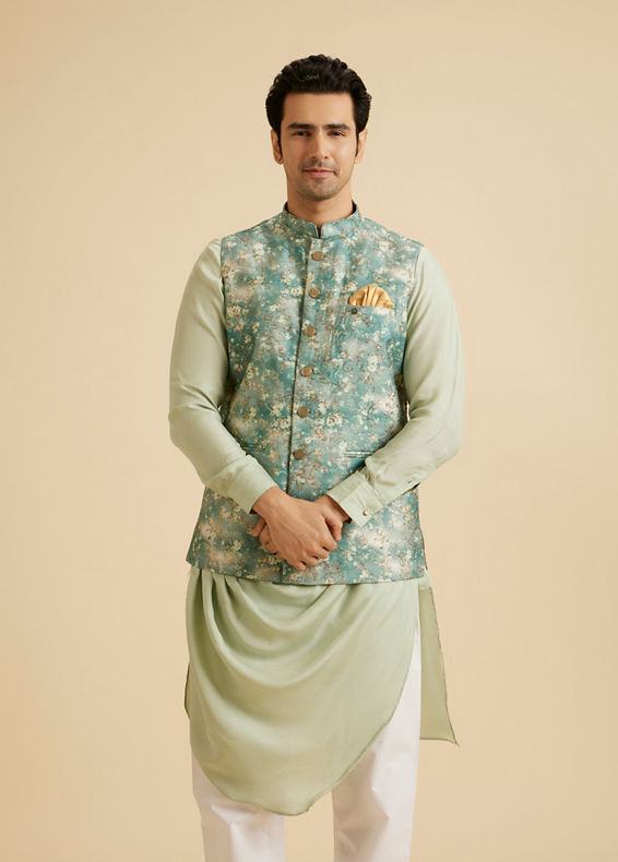 Manyavar Men Emblazon Teal Green Nehru Jacket