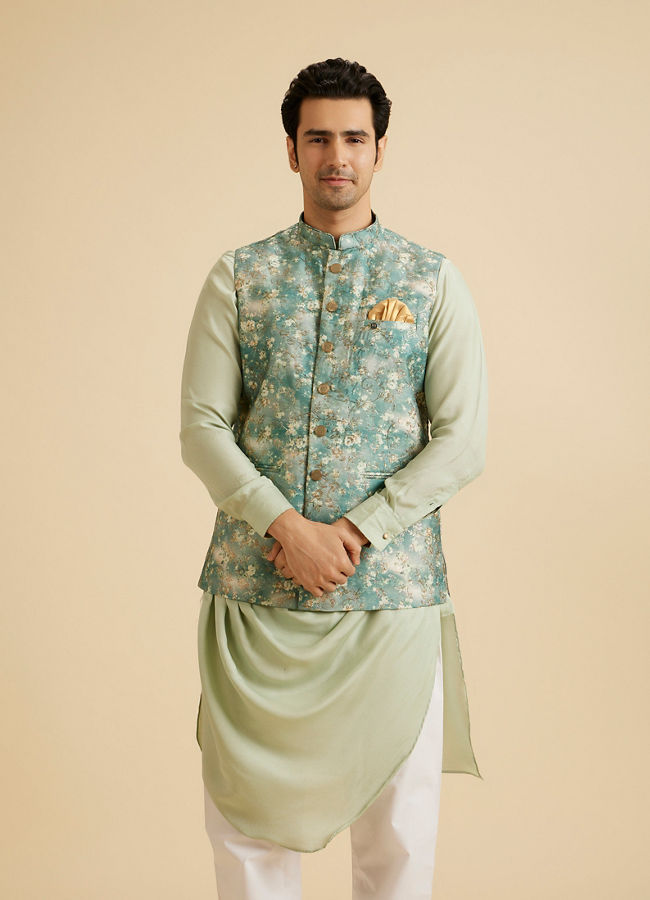 Manyavar Men Emblazon Teal Green Nehru Jacket