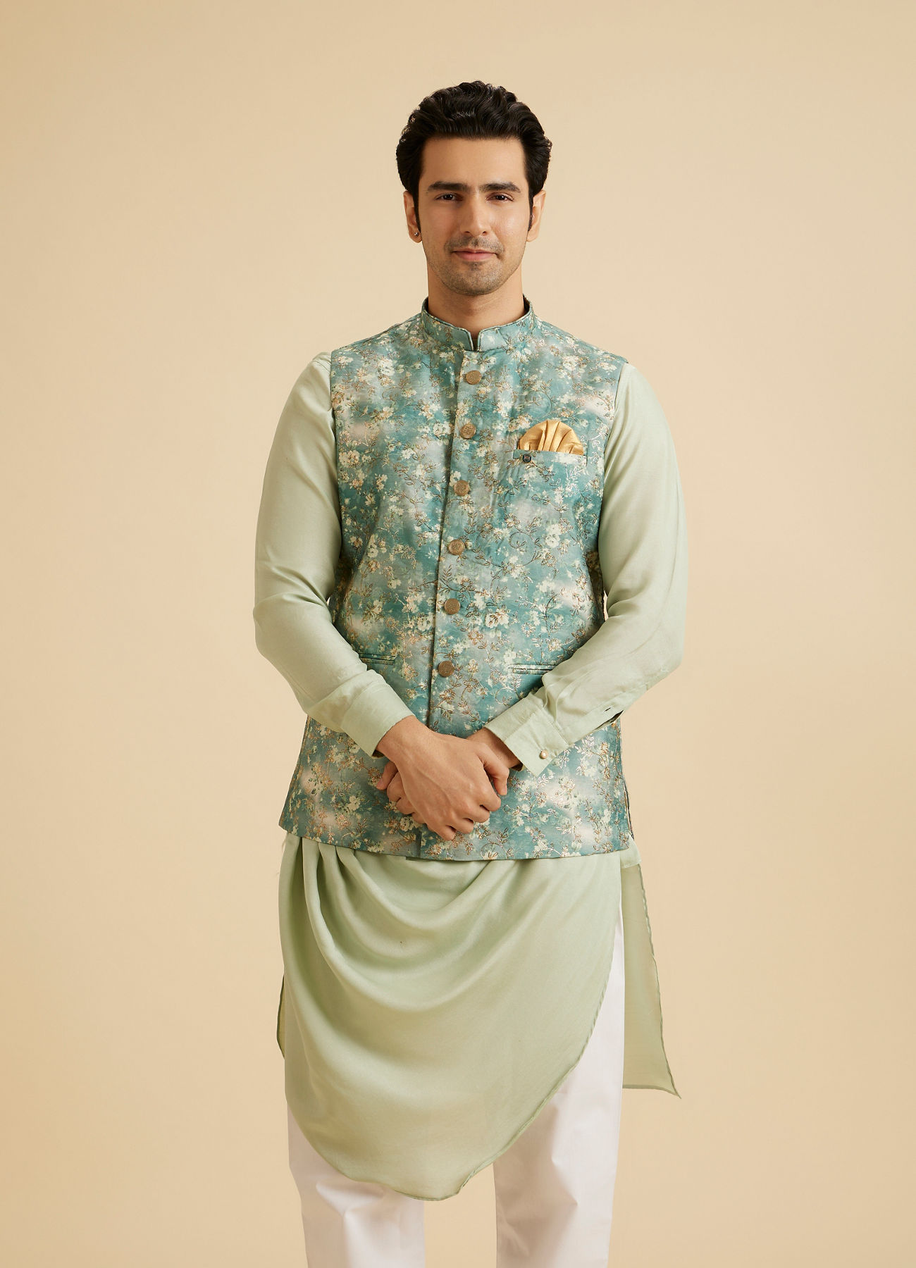 Manyavar Men Emblazon Teal Green Nehru Jacket