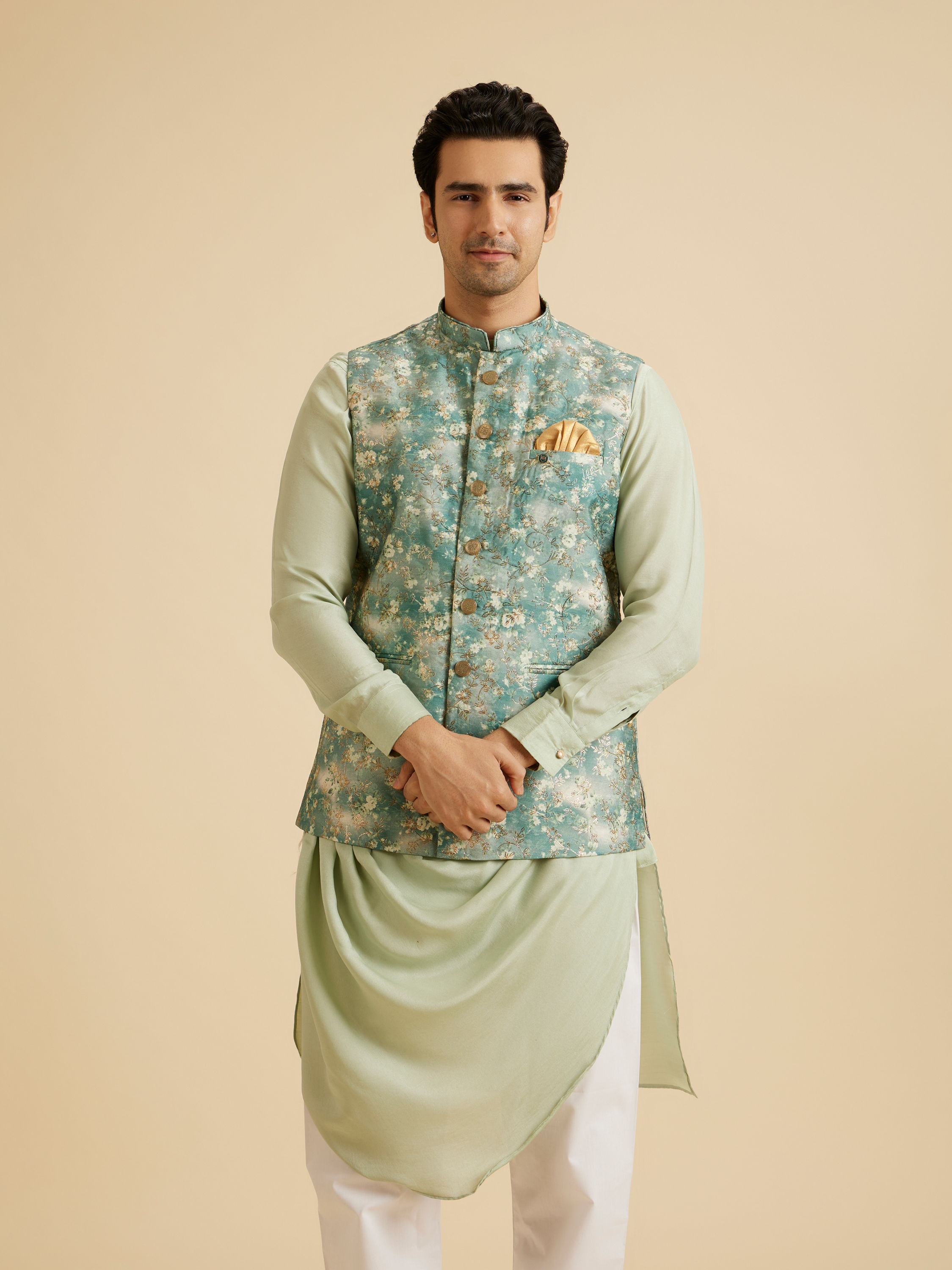 Manyavar Men Emblazon Teal Green Nehru Jacket