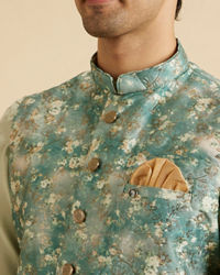 Manyavar Men Emblazon Teal Green Nehru Jacket