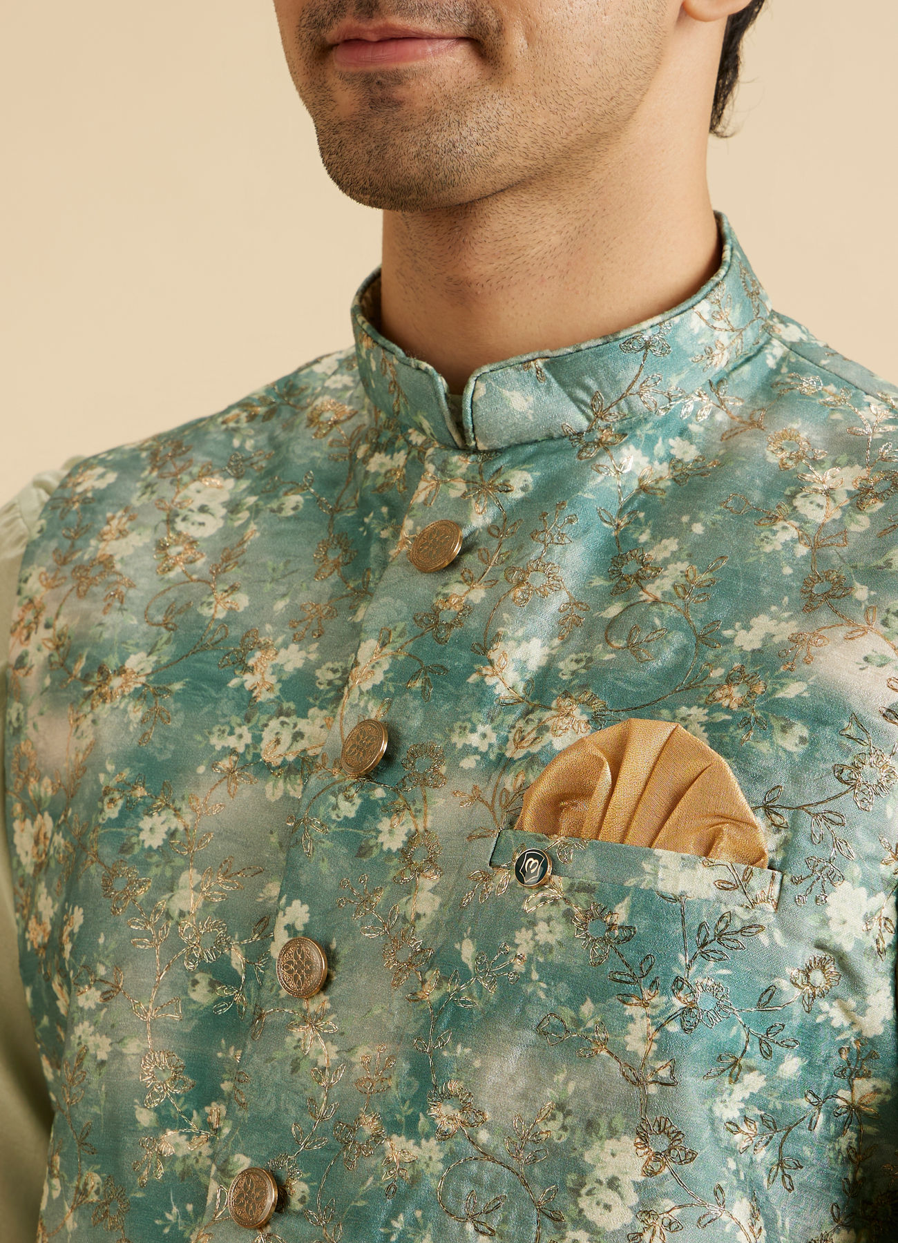 Manyavar Men Emblazon Teal Green Nehru Jacket