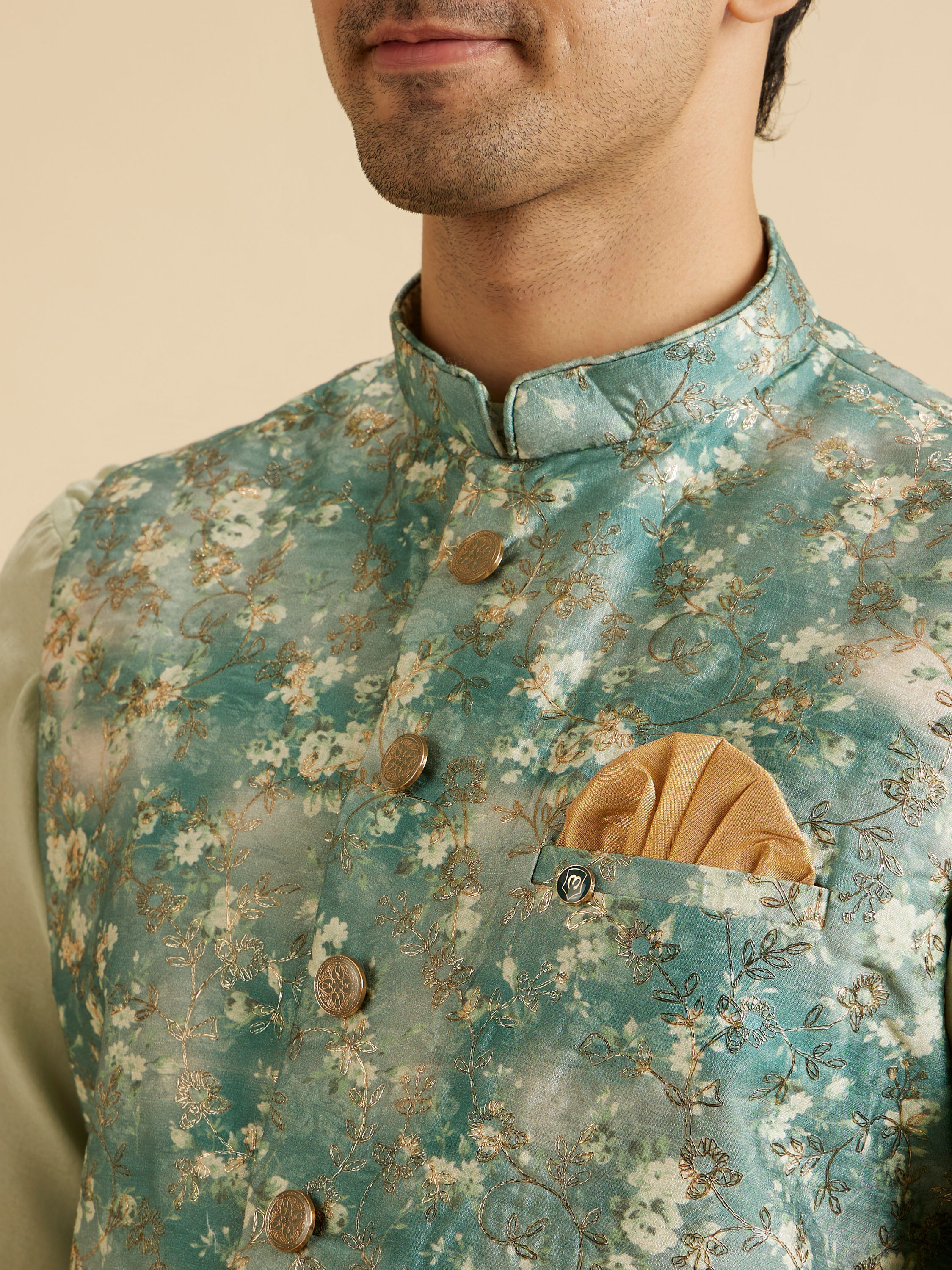 Manyavar Men Emblazon Teal Green Nehru Jacket