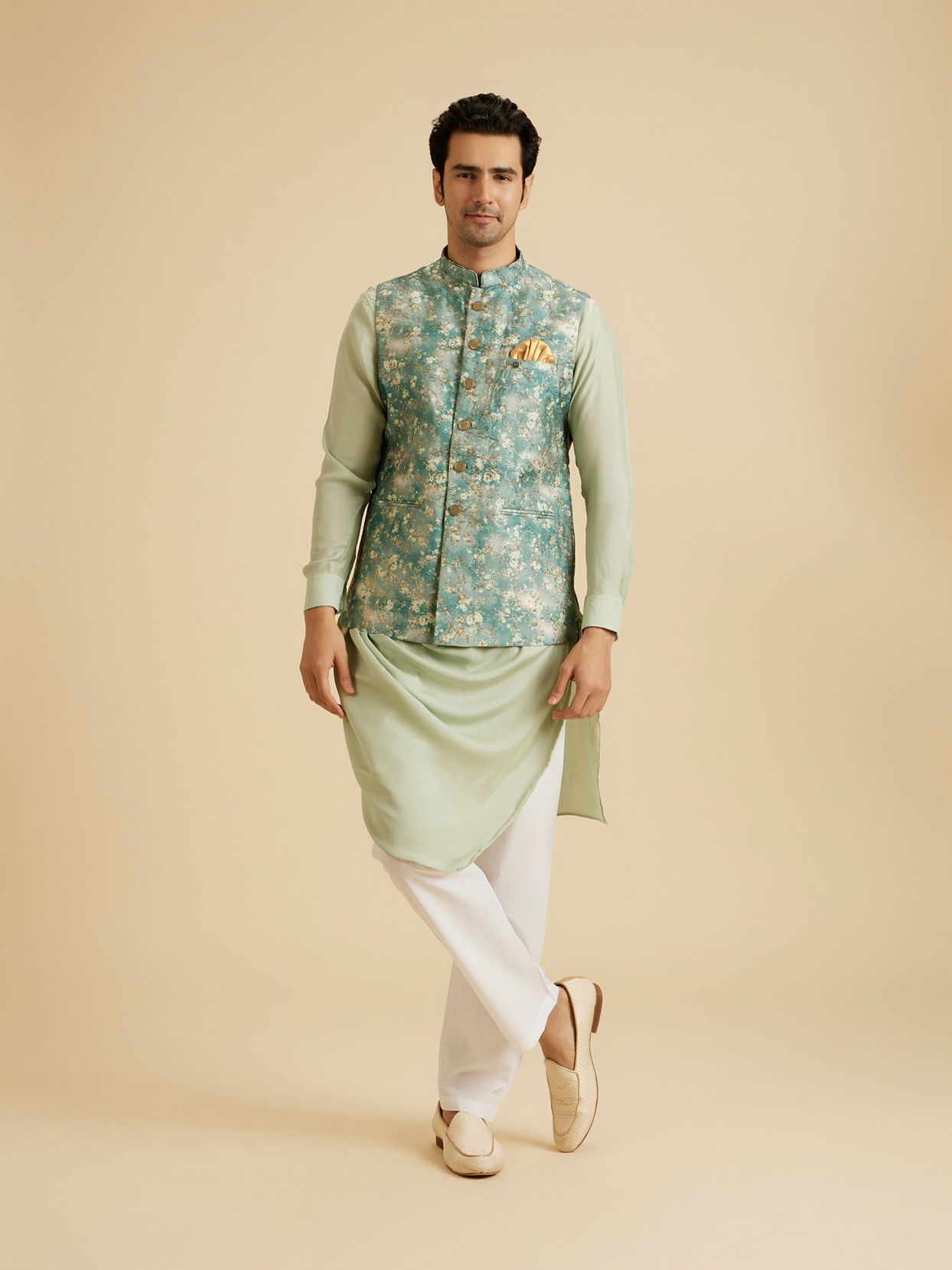Manyavar Men Emblazon Teal Green Nehru Jacket