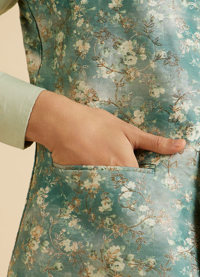 Manyavar Men Emblazon Teal Green Nehru Jacket