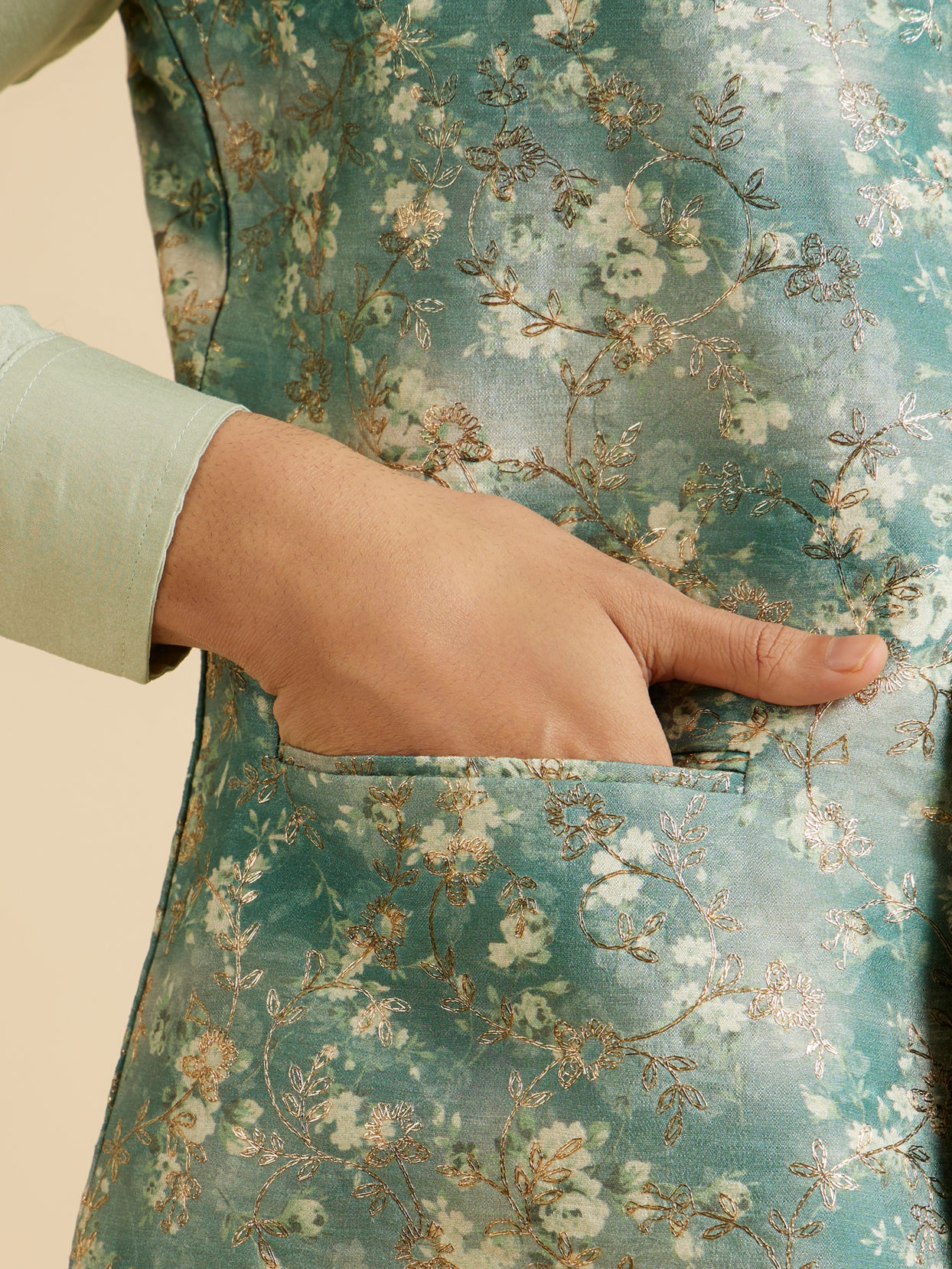 Manyavar Men Emblazon Teal Green Nehru Jacket